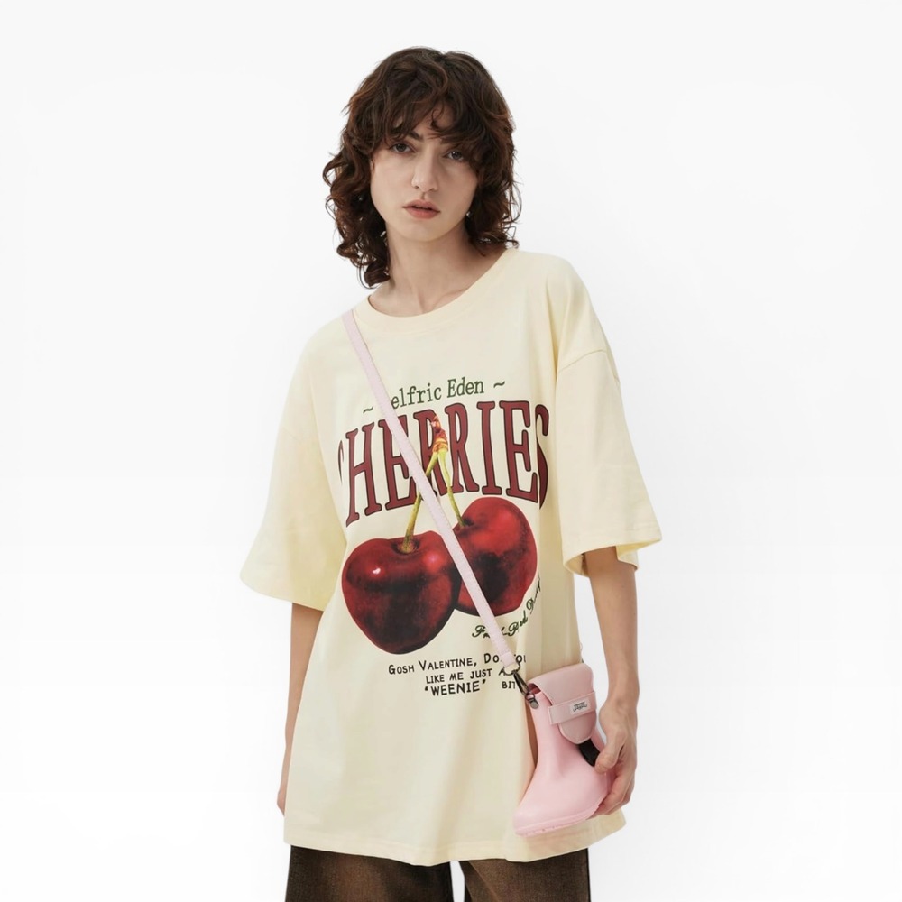 Aelfric Eden Cherries Graphic Oversized‎ Thick Tee Shirt Cream Yellow Streetwear
